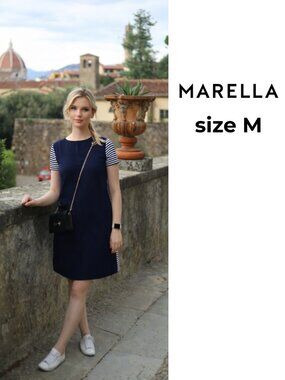 Very cute! MARELLA Navy Shift Dress with Black and White Striped Sleeves